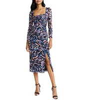 Donna Morgan Printed Mesh Square Neck Long Sleeve Midi Dress