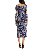 Donna Morgan Printed Mesh Square Neck Long Sleeve Midi Dress