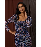 Donna Morgan Printed Mesh Square Neck Long Sleeve Midi Dress