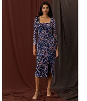 Donna Morgan Printed Mesh Square Neck Long Sleeve Midi Dress