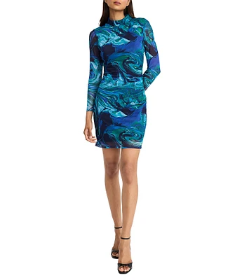 Donna Morgan Printed Power Mesh Mock Neck Long Sleeve Asymmetrical Hem Sheath Dress