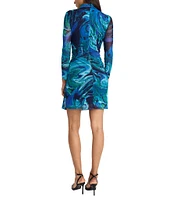 Donna Morgan Printed Power Mesh Mock Neck Long Sleeve Asymmetrical Hem Sheath Dress