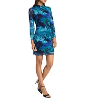 Donna Morgan Printed Power Mesh Mock Neck Long Sleeve Asymmetrical Hem Sheath Dress