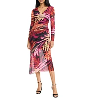 Donna Morgan Printed Power Mesh V-Neck Long Sleeve Tunneled Gathered Sheath Midi Dress