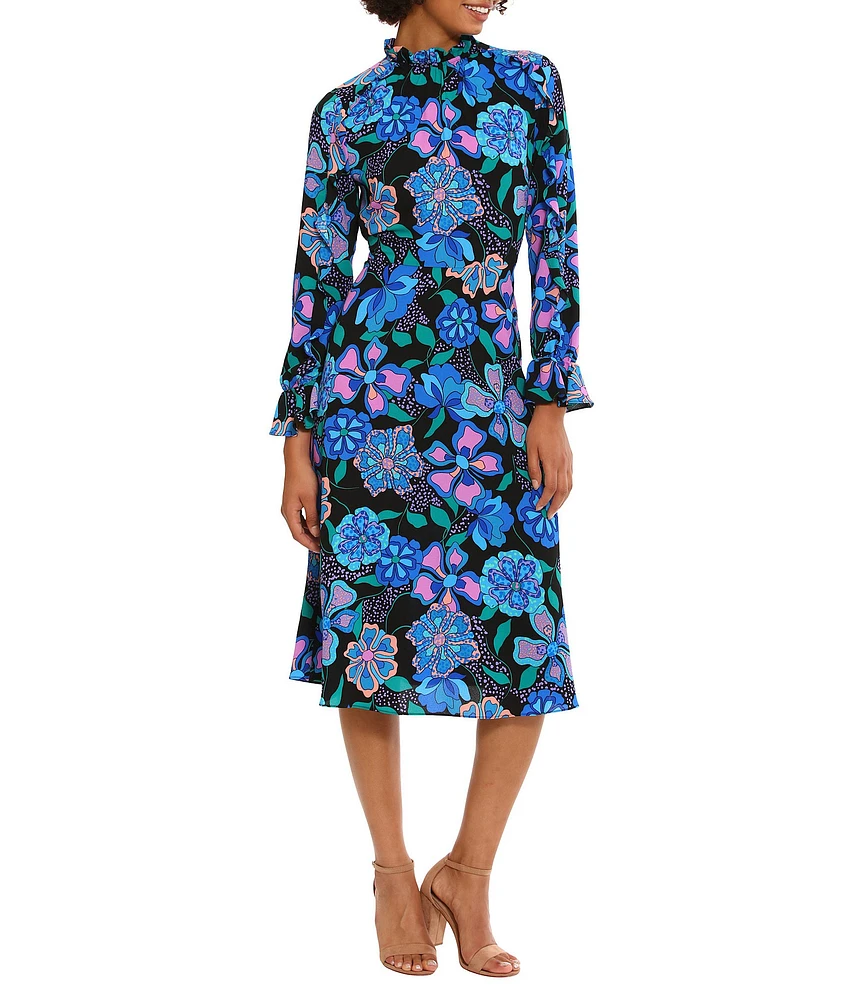 Donna Morgan Printed Ruffled Mock Neck Long Sleeve A-Line Midi Dress