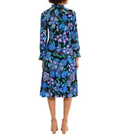 Donna Morgan Printed Ruffled Mock Neck Long Sleeve A-Line Midi Dress