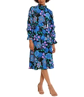 Donna Morgan Printed Ruffled Mock Neck Long Sleeve A-Line Midi Dress