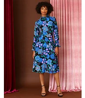 Donna Morgan Printed Ruffled Mock Neck Long Sleeve A-Line Midi Dress