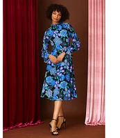 Donna Morgan Printed Ruffled Mock Neck Long Sleeve A-Line Midi Dress