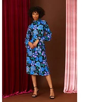 Donna Morgan Printed Ruffled Mock Neck Long Sleeve A-Line Midi Dress