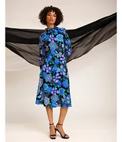 Donna Morgan Printed Ruffled Mock Neck Long Sleeve A-Line Midi Dress