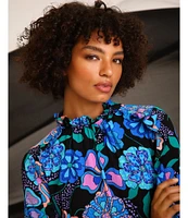 Donna Morgan Printed Ruffled Mock Neck Long Sleeve A-Line Midi Dress