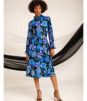 Donna Morgan Printed Ruffled Mock Neck Long Sleeve A-Line Midi Dress