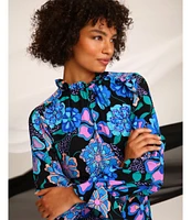 Donna Morgan Printed Ruffled Mock Neck Long Sleeve A-Line Midi Dress