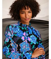 Donna Morgan Printed Ruffled Mock Neck Long Sleeve A-Line Midi Dress