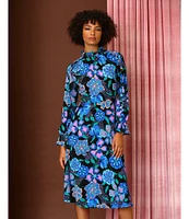 Donna Morgan Printed Ruffled Mock Neck Long Sleeve A-Line Midi Dress