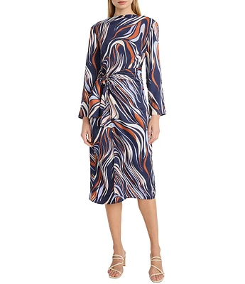 Donna Morgan Abstract Printed Twill Boat Neck Long Sleeve Tie Waist Midi Dress