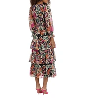 Donna Morgan Printed V Neckline Long Sleeve Tiered Midi Dress