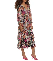 Donna Morgan Printed V Neckline Long Sleeve Tiered Midi Dress