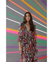 Donna Morgan Printed V Neckline Long Sleeve Tiered Midi Dress