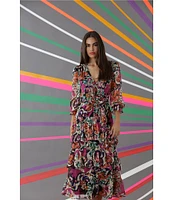 Donna Morgan Printed V Neckline Long Sleeve Tiered Midi Dress