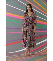 Donna Morgan Printed V Neckline Long Sleeve Tiered Midi Dress