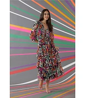 Donna Morgan Printed V Neckline Long Sleeve Tiered Midi Dress