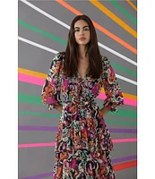 Donna Morgan Printed V Neckline Long Sleeve Tiered Midi Dress