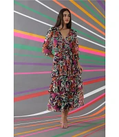 Donna Morgan Printed V Neckline Long Sleeve Tiered Midi Dress