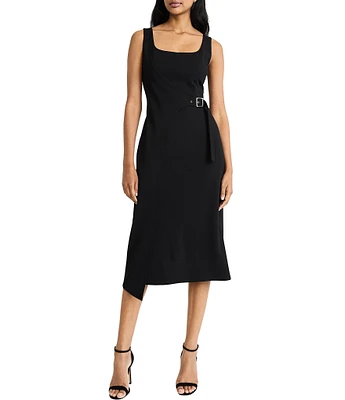 Donna Morgan Scuba Crepe Sheath Tank Square Neckline Sleeveless Wrap Buckle Midi Dress