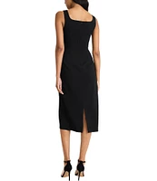 Donna Morgan Scuba Crepe Sheath Tank Square Neckline Sleeveless Wrap Buckle Midi Dress