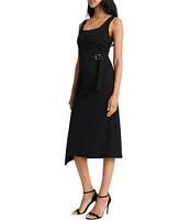 Donna Morgan Scuba Crepe Sheath Tank Square Neckline Sleeveless Wrap Buckle Midi Dress