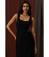 Donna Morgan Scuba Crepe Sheath Tank Square Neckline Sleeveless Wrap Buckle Midi Dress