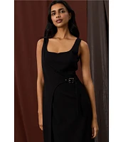 Donna Morgan Scuba Crepe Sheath Tank Square Neckline Sleeveless Wrap Buckle Midi Dress