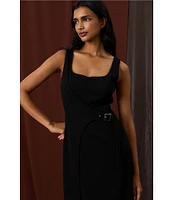 Donna Morgan Scuba Crepe Sheath Tank Square Neckline Sleeveless Wrap Buckle Midi Dress