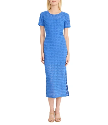 Donna Morgan Short Sleeve Illusion Hem Crochet Sheath Midi Dress
