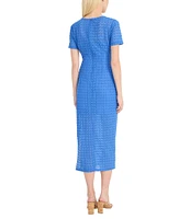 Donna Morgan Short Sleeve Illusion Hem Crochet Sheath Midi Dress
