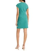 Donna Morgan Solid Scuba Crepe High Drape Neck Cap Sleeve Shoulder Seam Pleats Sheath Mini Dress