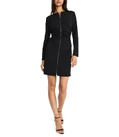 Donna Morgan Solid Scuba Crepe V-Neck Long Sleeves Ruched Waist Zip Front Sheath Dress