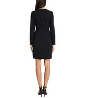 Donna Morgan Solid Scuba Crepe V-Neck Long Sleeves Ruched Waist Zip Front Sheath Dress