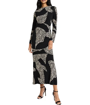 Donna Morgan Spotted Print Matte Jersey Sheath Boat Neck Long Sleeve Side Slit Dress