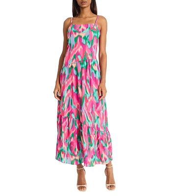 Donna Morgan Square Neck Sleeveless Drop Waist Printed Georgette Maxi Dress