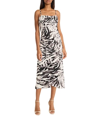 Donna Morgan Square Neck Sleeveless Ruched Animal Print Twill Tank Dress