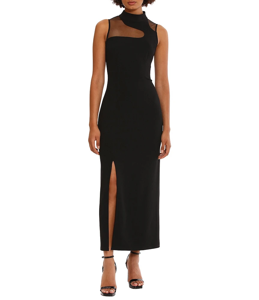 Donna Morgan Stretch Crepe Illusion Mock Neck Sleeveless Front Slit Maxi Dress