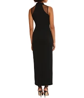 Donna Morgan Stretch Crepe Illusion Mock Neck Sleeveless Front Slit Maxi Dress