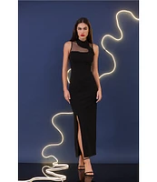 Donna Morgan Stretch Crepe Illusion Mock Neck Sleeveless Front Slit Maxi Dress