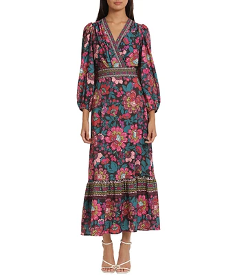 Donna Morgan Stretch Floral Printed Surplice V Neckline Long Puff Sleeve Maxi Dress