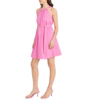 Donna Morgan Stretch Poplin Halter Neck Sleeveless Belted A-Line Mini Dress