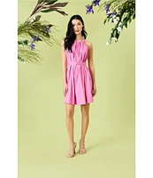 Donna Morgan Stretch Poplin Halter Neck Sleeveless Belted A-Line Mini Dress