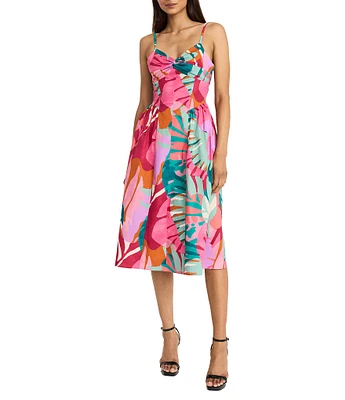 Donna Morgan Sweetheart Twist Front Sleeveless Tropical Printed Cotton Poplin Fit & Flare Midi Dress